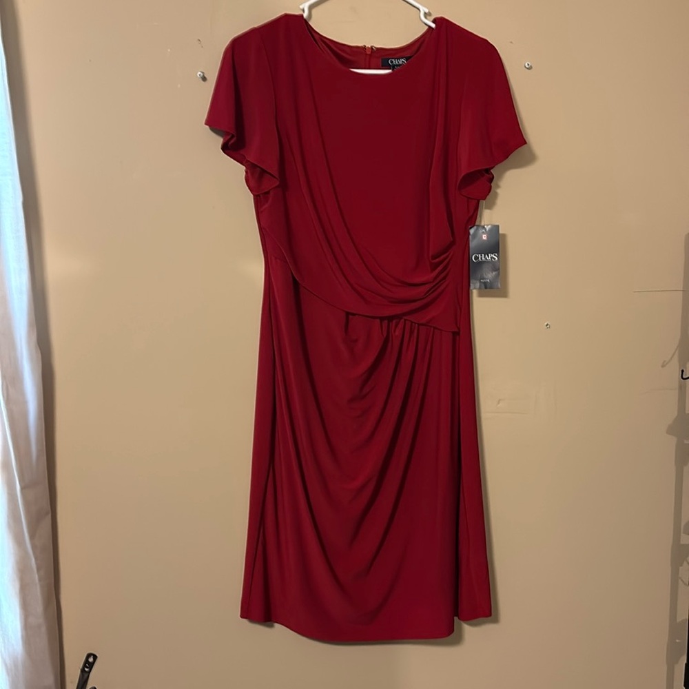 Chaps Red Sheath Dress with Flutter Sleeves and Cowl Neck